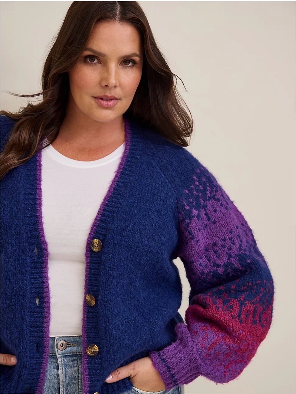 Torrid Chunky Button Front V Neck Cardigan Sweater Purple Stripe (Size 3 / 3XL)